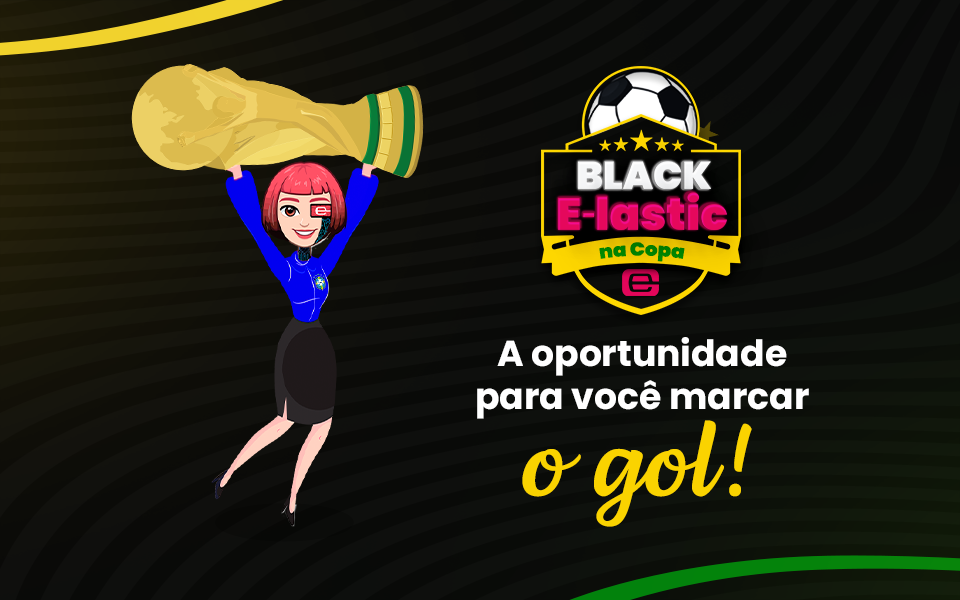 Banner com desenho de uma mulher com a camisa do Brasil, segurando um troféu nas mãos. Ao lado, um texto escrito: A oportunidade para você marcar o gol.